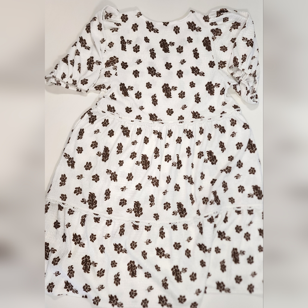 Mikarose Dress Floral Size M White/Brown Spring Tiered Cloud Dress Pockets Lace - Picture 12 of 12